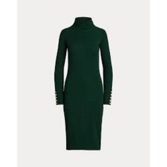 Lauren Ralph Lauren Sz 12 Green Turtleneck Midi Sweater Dress W/ Gold Button Cuf - Picture 1 of 6